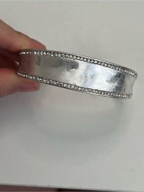 7” Matte Silver Tone Bracelet Rhinestone Chunky Bangle Cuff